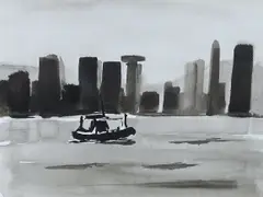Boat and skyscrapers, Hong Kong by Liam Spencer, 2006, ink, sold Jun 2024