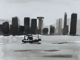 Boat and skyscrapers, Hong Kong by Liam Spencer, 2006, ink, sold Jun 2024