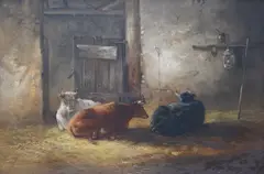 Resting cattle in a barn by John Baxter, oil on canvas, sold Jun 2024