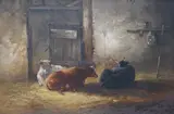 Resting cattle in a barn by John Baxter, oil on canvas, sold Jun 2024