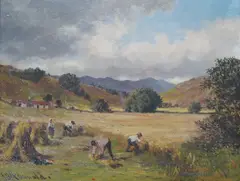 Figures haymaking by John Blake McDonald, oil on board, sold Jun 2024