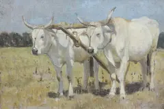 White oxen in ploughing harness by Arthur Lemon, oil on canvas board, sold Jun 2024