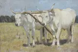 White oxen in ploughing harness by Arthur Lemon, oil on canvas board, sold Jun 2024
