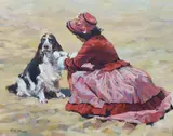 Woman and spaniel on the beach by Dianne E. Flynn, oil on canvas, sold Jun 2024