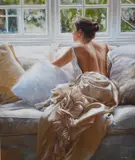 Study of a woman before a window by Rob Hefferan, oil on canvas, sold Jun 2024