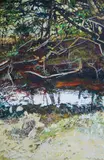 Reflection of trees in a stream by Geoff Stalker, oil on board, offered Jun 2024