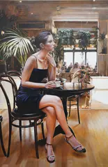 Café scene with seated woman by Rob Hefferan, oil on canvas, sold Jun 2024