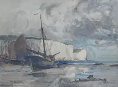 Coastal view with beached fishing boats by Hubert Coop, 1912, watercolour, sold Jun 2024