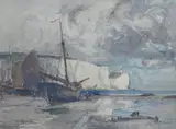 Coastal view with beached fishing boats by Hubert Coop, 1912, watercolour, sold Jun 2024