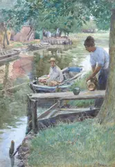 On the riverbank by William Rainey, watercolour, sold Jun 2024