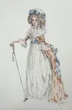 Costume design illustration for 'The Slipper and The by Julie Harris, ink and watercolour, sold Jun 2024