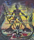 Figure praying the Colossus of Rhodes by HAP Grieshaber, gouache on paper, sold Jun 2024