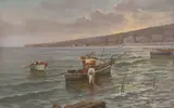 Mediterranean coastal scene with fishermen by E. Caso, oil on canvas, sold Jun 2024