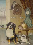 Interior scene with collie by Alice Woudhuysen, oil on board, sold Jun 2024