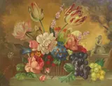 Still life of flowers in a basket upon a ledge by Alexander Wilson, oil on board, sold Jun 2024