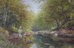 Fly fishermen in stream by Jean Hamilton-George, oil on canvas, offered Jun 2024