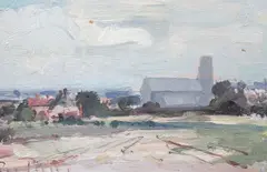 Village scene by Roy Petley, oil on board, sold Jun 2024