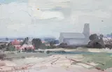 Village scene by Roy Petley, oil on board, sold Jun 2024