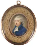 Portrait miniature of a gentlemanoil on ivorywearing a blue coat by Y John Bogle, 1796, oil, sold Jun 2024