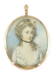 Portrait miniature of a ladywatercolour on ivorywearing ribbon by Y Thomas Hargreaves, watercolour, sold Jun 2024