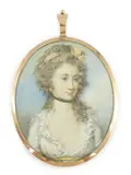 Portrait miniature of a ladywatercolour on ivorywearing ribbon by Y Thomas Hargreaves, watercolour, sold Jun 2024