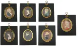 A set of seven portrait miniatures of a father and his by Y Mrs Anna Trewinnard, watercolour, sold Jun 2024