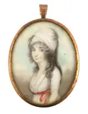 Portrait miniature of a ladywatercolour on ivorywearing a by Y Jacob Axel Gillberg, watercolour, sold Jun 2024