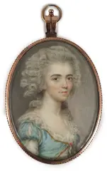Portrait miniature of a ladyoil on ivorywearing a blue dress and by Y John Smart, 1790, oil, sold Jun 2024