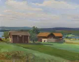 Farmhouses in a landscape by Per Fredriks, oil on canvas, sold Jun 2024