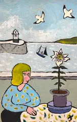Seated woman before a coastal view by Joan Gilchrest, oil on board, sold Jun 2024
