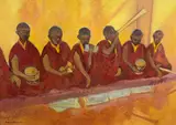Buddhist monks by Anne-Catherine Phillips, oil on canvas, offered Jun 2024