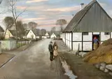 Street scene with cottages and figures by Theodore Dahl, oil on canvas, sold Jun 2024
