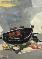 Beached fishing boat by André Minaux, oil on canvas, offered Jun 2024