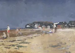 Figures on a beach by Rodney Joseph Burn, oil on board, sold Jun 2024