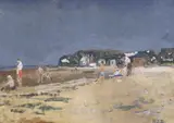 Figures on a beach by Rodney Joseph Burn, oil on board, sold Jun 2024