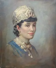 Portrait of a lady wearing a lace cap by Garnet Ruskin Wolseley, oil on canvas, sold Jun 2024