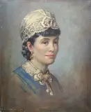 Portrait of a lady wearing a lace cap by Garnet Ruskin Wolseley, oil on canvas, sold Jun 2024