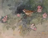 ‘Whitethroat on wild rose by Allen W. Seaby, mixed media and gouache on linen, sold Jun 2024