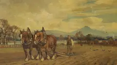 Work horses and figure ploughing by Tomson Laing, oil on board, sold Jun 2024