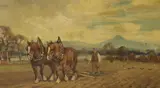Work horses and figure ploughing by Tomson Laing, oil on board, sold Jun 2024