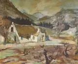 Mountainous landscape with cottages by Denise Waldeck, oil on canvas, offered Jun 2024
