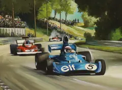 Formula 1 racing scene by Dion Pears, oil on board, sold Jun 2024