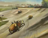 Racing scene with distant locomotive by Dion Pears, oil on board, sold Jun 2024