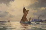 Estuary scene with boats by Denis Pannett, oil on canvas, sold Jun 2024