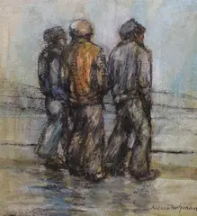 Fishermen on the shore by Kieran McGoran, mixed media, sold Jun 2024