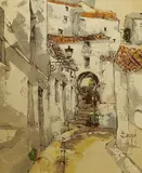 Continental street scene by Bernard Dufour, acrylic on canvas board, sold Jun 2024