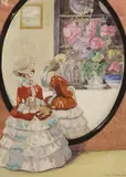 Crinoline lady before flowers by Sibyl M. Bell, 1916, watercolour and collage, offered Jun 2024