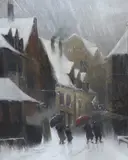 Winter street scene with figures by Van Heinz, oil on canvas, sold May 2024