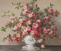 Still life of flowers in a porcelain vase by Maurice Décamps, oil on canvas, sold May 2024