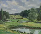 Meadows at Froyle by Harwood Eve, oil on canvas board, sold May 2024